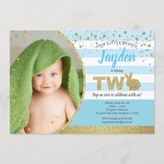 Bunny boy 2. Geburtstag Foto Einladung blau