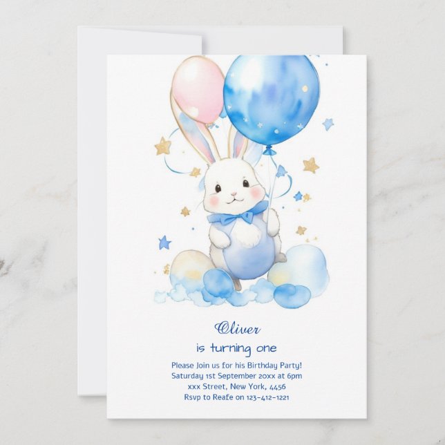 Bunny Boy Einladung zum ersten Geburtstag (Vorderseite)