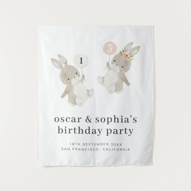 Bunny Boy Girl Joint Birthday Einladung Wandteppich (Vorderseite)
