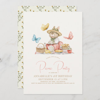 Bunny & Butterflies Picnic Girl 1. Geburtstag Einladung