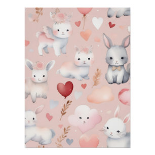 Bunny-Cupid-Nursery-Kunst – Aquarell-Rosa Poster
