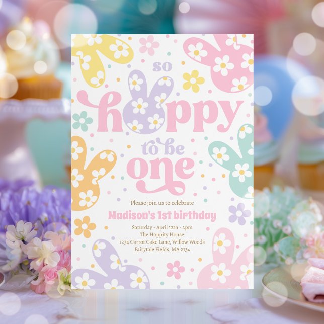 Bunny Daisy Floral Pastel Spring 1st Birthday Einladung (Von Creator hochgeladen)