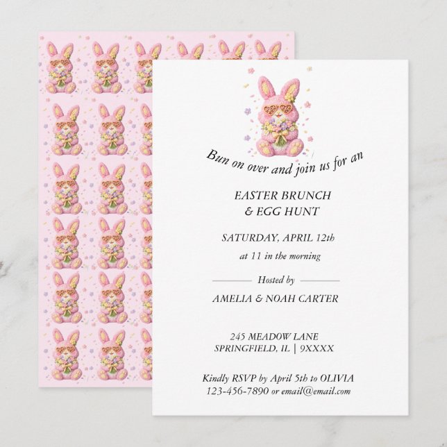 Bunny Embroidered Easter BRUNCH & HUNT Einladung (Vorne/Hinten)