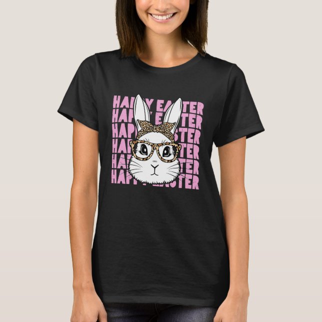 Bunny Face Glasses Leopard Happy Easter Bunny Wome T-Shirt (Vorderseite)
