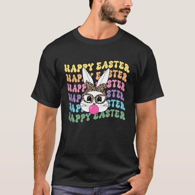 Bunny Face Leopard Glasses Bubble Gum Happy Easter T-Shirt (Vorderseite)