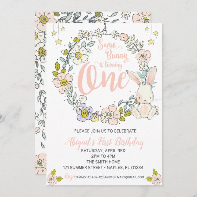 Bunny First Birthday Einladung (Vorne/Hinten)