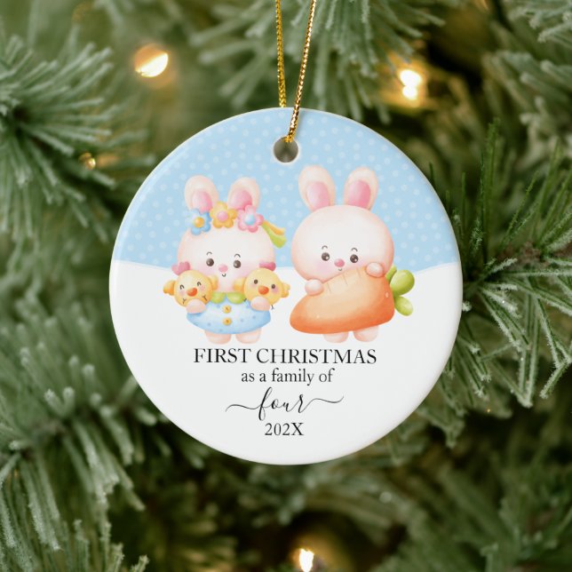 Bunny First Christmas Family 4 Keramik Ornament (Baum)