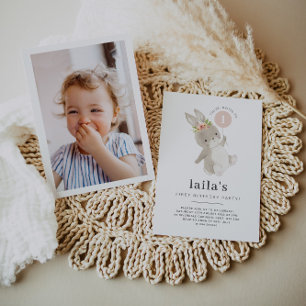 Bunny First Geburtstag Foto Einladung Pink Ballon