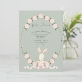 Bunny Floral Hydrangeas Sage Girl Baby Shower Einladung