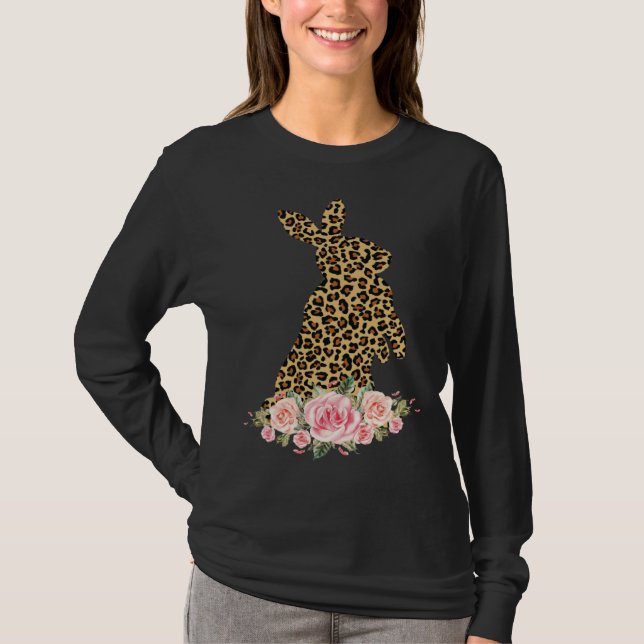 Bunny Flowers Leopard Print Girls Women Happy East T-Shirt (Vorderseite)