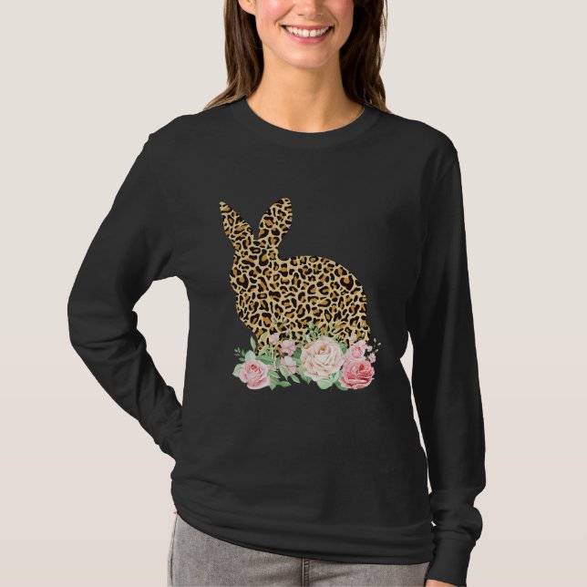 Bunny Flowers Leopard Print Girls Women Happy East T-Shirt (Vorderseite)