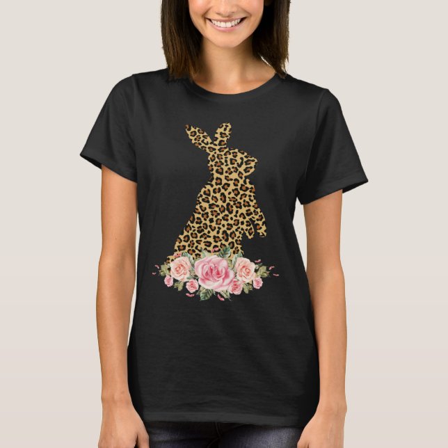 Bunny Flowers Leopard Print Girls Women Happy East T-Shirt (Vorderseite)
