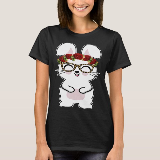 Bunny Flowers Leopard Print Glasses Happy Easter W T-Shirt (Vorderseite)