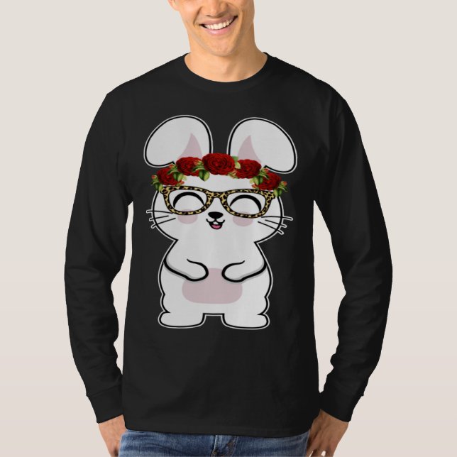 Bunny Flowers Leopard Print Glasses Happy Easter W T-Shirt (Vorderseite)