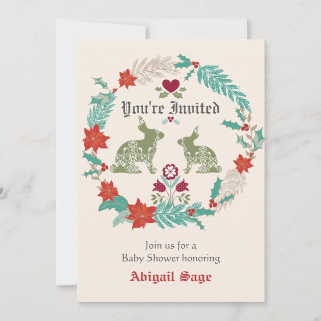 Bunny Folk Art Wreath Winter Neutral Baby Dusche Einladung (Vorderseite)