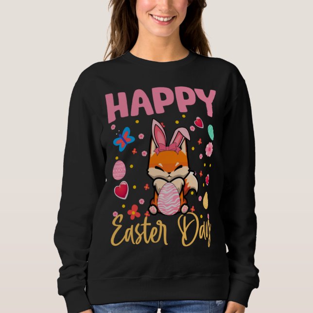 Bunny Fox Colorful Eggs Hunting Happy Easter Day Sweatshirt (Vorderseite)
