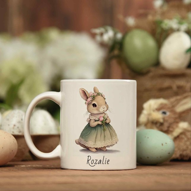 Bunny Girl in einem Kleid Pink Floral Whimsical Os Kaffeetasse (Von Creator hochgeladen)