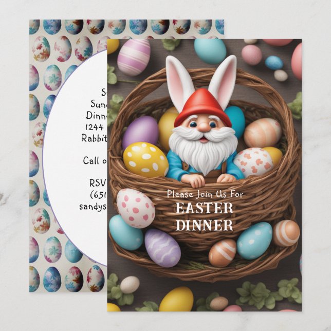 Bunny Gnome Korb Eierkuchen Ostern Abendessen Einladung (Vorne/Hinten)