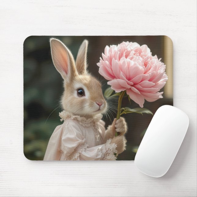 Bunny Holding a Pink Peony Mousepad (Mit Mouse)