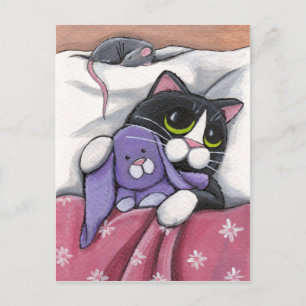 Bunny Hugz   Tuxedo Cat and Toy Bunny Illustration Postkarte
