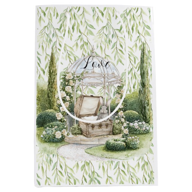 Bunny in Chest Green Leaves Floral Christmas Mittlere Geschenktüte (Vorderseite)