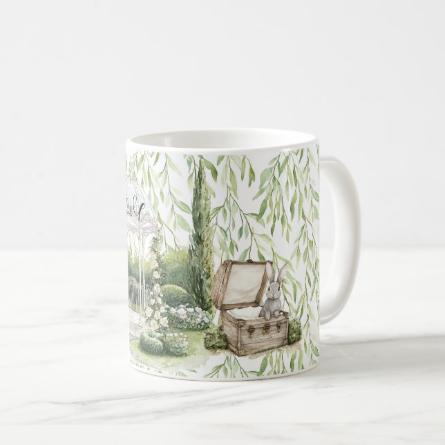 Bunny in Chest Green Leaves Floral Kaffeetasse (VorderseiteRechts)