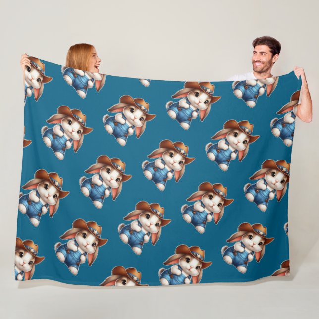 Bunny in Cowboy Outfit mit Hut und Overalls Fleecedecke (Beispiel)