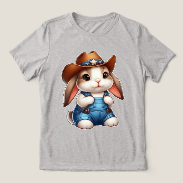 Bunny in Cowboy Outfit mit Hut und Overalls Tri-Blend Shirt (Design Vorderseite)
