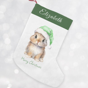 Bunny in Green Santas Hat Personalisiert Kleiner Weihnachtsstrumpf