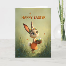 Bunny in Orange Dress Wearing Flower Crown Easter Karte