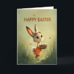 Bunny in Orange Dress Wearing Flower Crown Easter Karte<br><div class="desc">This adorable Easter card features a sweet baby bunny in an orange dress, wearing a delicate flower crown and carrying a basket of colorful eggs. Set in a softly glowing meadow with fluttering butterflies, the artwork captures warm spring magic with a whimsical style. Perfect for kids, families, and anyone who...</div>