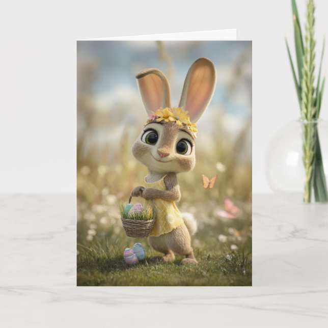 Bunny in Yellow w/ Flower Crown & Easter Basket Karte (Vorderseite)