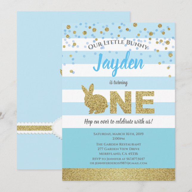 Bunny Junge 1. Geburtstag Einladung blau und gold (Vorne/Hinten)