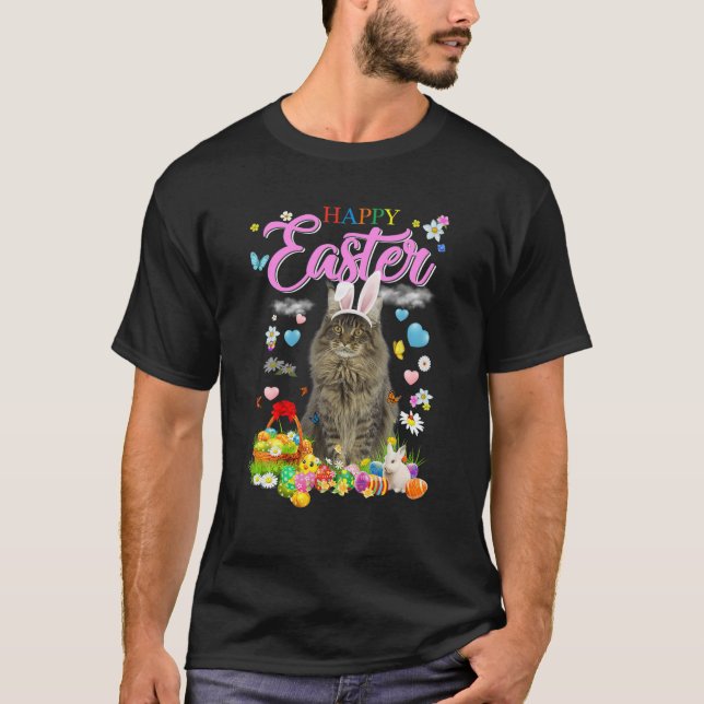 Bunny Maine Coon Cat Happy Ostereier T-Shirt (Vorderseite)