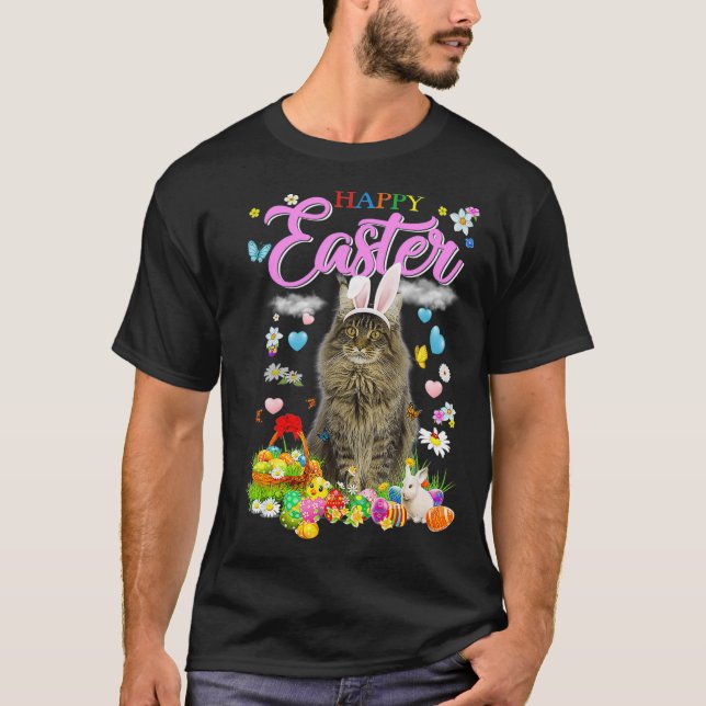 Bunny Maine Coon Cat Happy Ostereier  T-Shirt (Vorderseite)