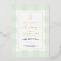 Bunny Mint Gingham Christening Foil Einladung