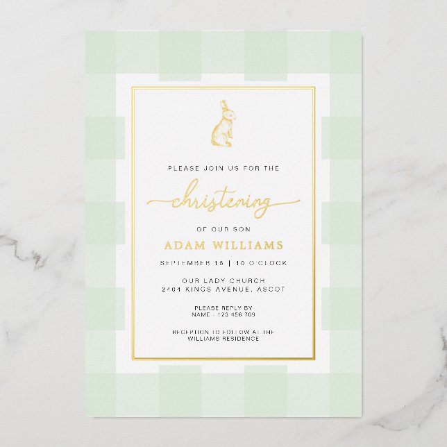 Bunny Mint Gingham Christening Foil Einladung (Vorderseite)