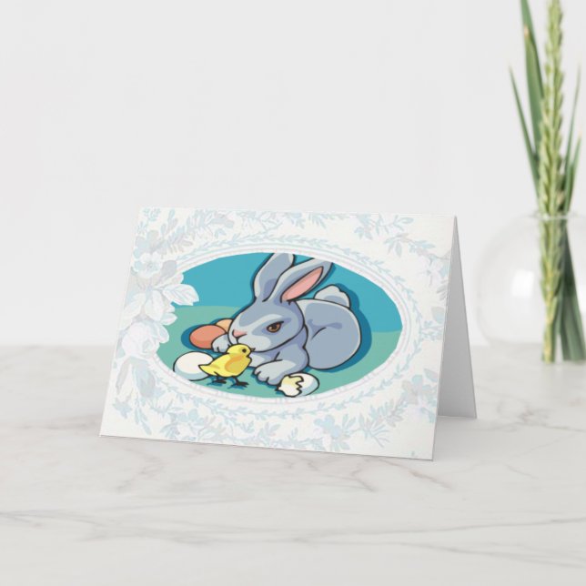 Bunny mit Baby-Chick-Osterkarte Feiertagskarte (Vorderseite)