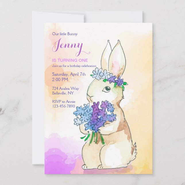 Bunny mit Blume Bouquet Geburtstagsparty Einladung (Vorderseite)