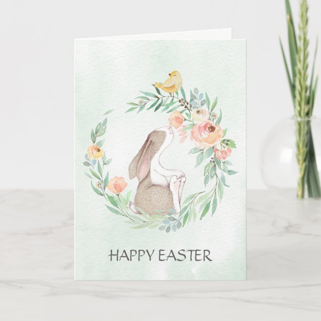 Bunny mit Watercolor Wreath Oster Karte (Vorderseite)