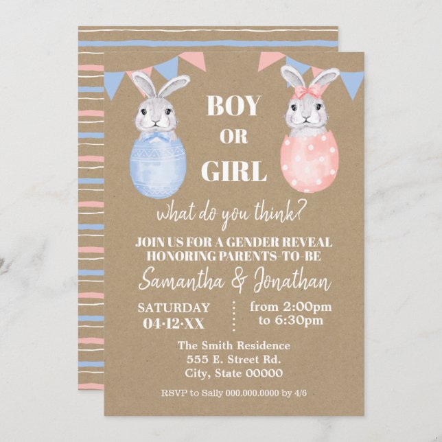 Bunny Oaster Gender Reveal Boy oder Girl Baby Show Einladung (Vorne/Hinten)
