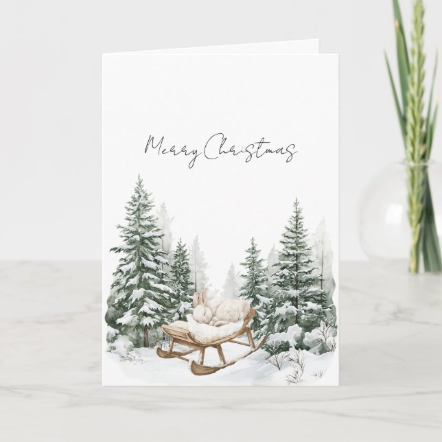 Bunny on Sleigh Snow Christmas Pine Trees Karte (Vorderseite)