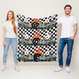 Bunny Orange Car Racing Print Fleecedecke