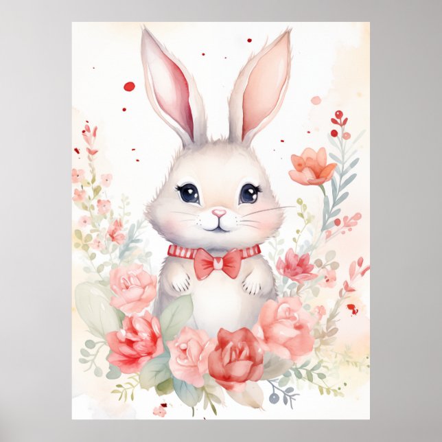 Bunny Pastel mit Rose und Rot-Bogen Poster (Vorne)