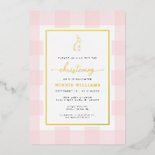 Bunny Pink Gingham Christening Foil Einladung