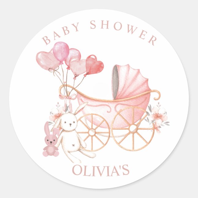 Bunny Pink Girl Baby Dusche Party Runder Aufkleber (Vorderseite)