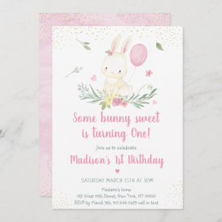 Bunny Pink Gold Floral Girl Geburtstag Einladung