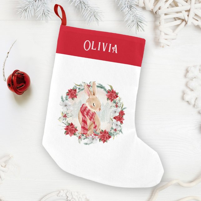 Bunny Poinsettia Aquarell Name Girl Weihnachten Kleiner Weihnachtsstrumpf (Bunny Poinsettia Watercolor Name Girl Christmas Small Christmas Stocking)