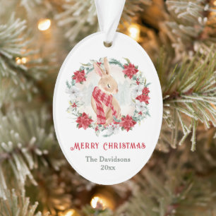 Bunny Poinsettia Watercolor Familienname Weihnacht Ornament