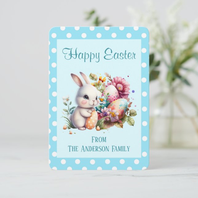 Bunny Polka Dot Border Ostercard Karte (Stehend Vorderseite)
